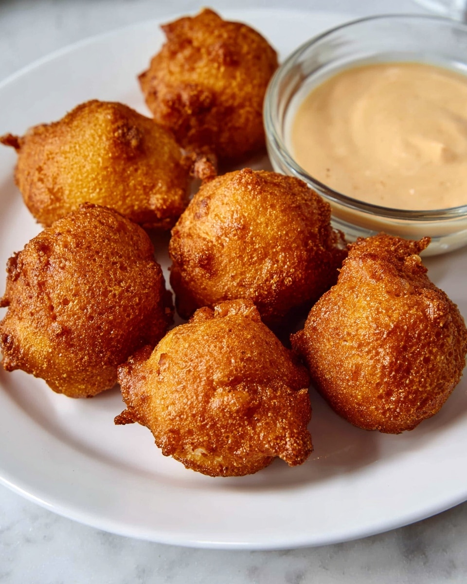 A white plate holds seven round, golden-brown fried fritters with a rough and crunchy texture, each differently shaped but similar in size, arranged closely together. Behind the fritters, a small glass bowl is partially visible, filled with a smooth, light beige dipping sauce. The plate is set on a white marbled surface, enhancing the warm color of the fritters. Photo taken with an iphone --ar 4:5 --v 7