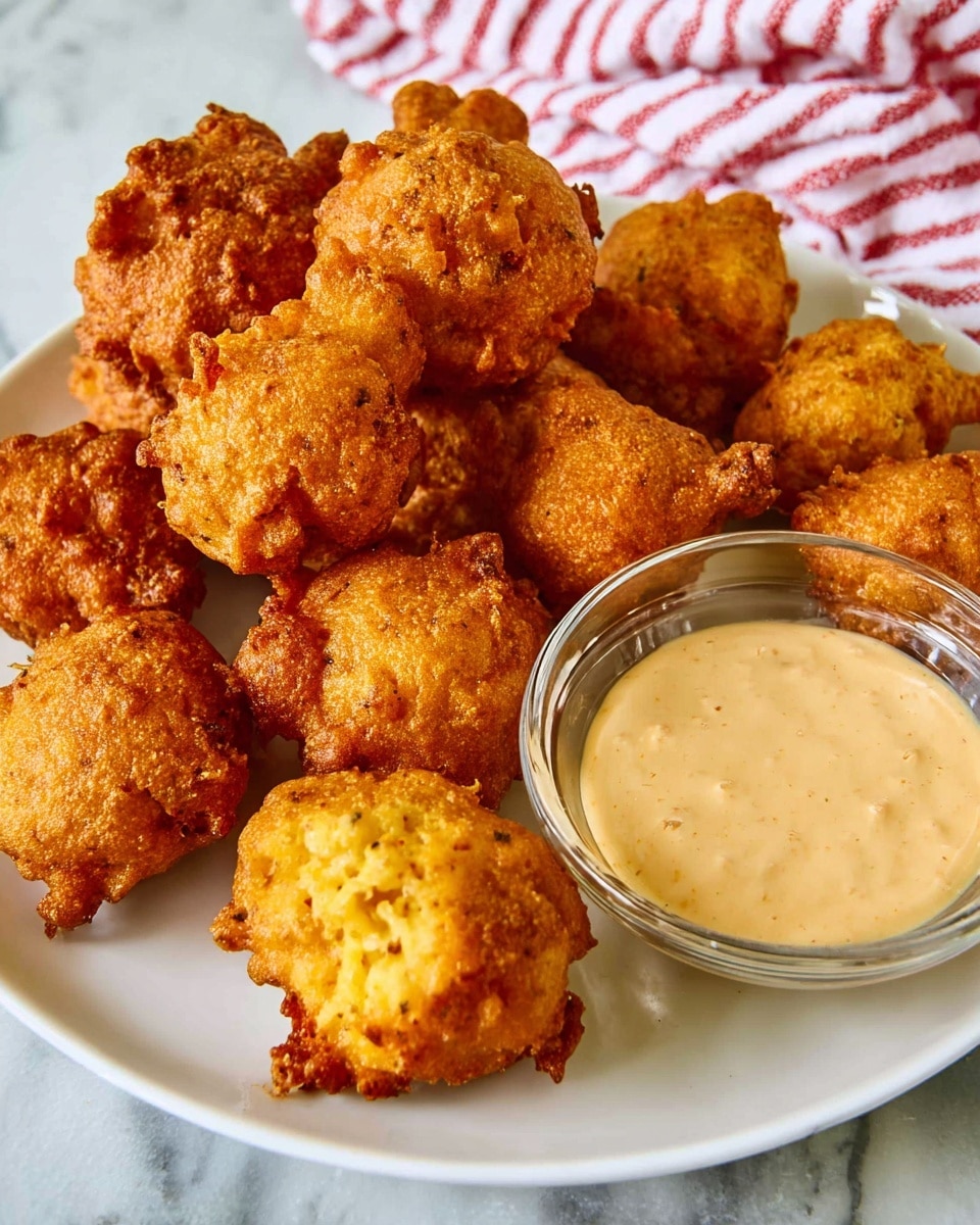 A white plate holds a pile of golden-brown fried fritters, each with a rough, crispy texture and uneven shapes. In front, one fritter is partially dipped in a small clear glass bowl filled with a creamy beige dipping sauce. The plate sits on a white marbled surface, and a red and white striped cloth is visible in the background. Photo taken with an iphone --ar 4:5 --v 7