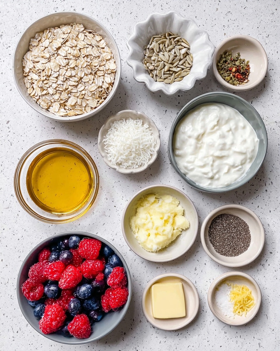 The image shows a flat lay of various ingredients arranged neatly on a white marbled surface. There are eleven bowls in total: a large white bowl filled with rolled oats at the bottom left; a white scalloped bowl with light brown sunflower seeds above it; another white scalloped bowl holding white shredded coconut next to the sunflower seeds; a medium grey bowl filled with fresh red and blue berries at the bottom right; a large grey bowl with white creamy yogurt next to the berries; a small glass bowl with golden honey at the bottom left corner; a clear glass bowl with a light yellow oil and black pepper near the top left; a small beige bowl with yellow softened butter near the center; a small beige bowl with light yellow grated zest next to the butter; and two small grey bowls with black ground pepper near the top center and right. All items are well spaced, creating an organized and colorful layout. Photo taken with an iphone --ar 4:5 --v 7