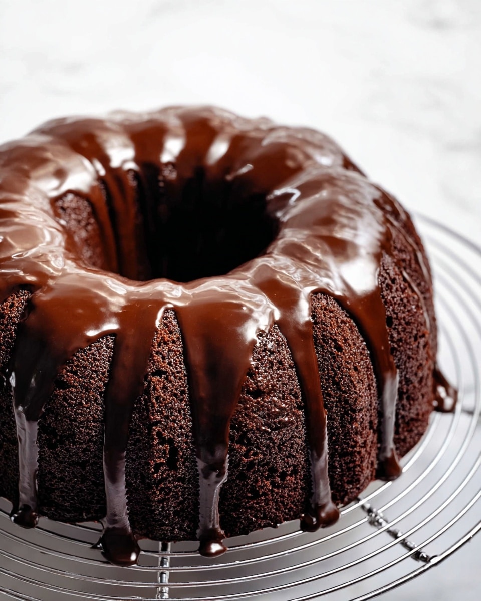 A dark brown Bundt cake sits on a silver wire rack over a white marbled texture. The cake has deep ridges around its round shape with a hole in the middle. Thick, shiny chocolate glaze covers the top of the cake, dripping down the sides in smooth, uneven streams. The glaze looks glossy and rich, contrasting with the matte texture of the cake underneath. There are no additional toppings or decorations. photo taken with an iphone --ar 4:5 --v 7