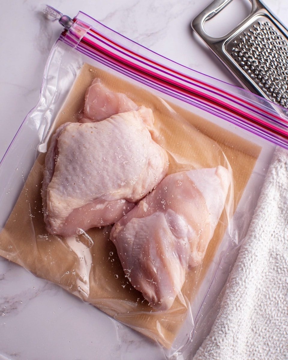 Two raw, pale pink chicken pieces lay flat inside a clear plastic bag with red and purple zipper lines on top. They are placed on a light brown paper sheet inside the bag showing some moisture droplets. The plastic bag rests on a white marbled surface next to a small shiny metal grater and a white textured cloth on the right. The light tone of the chicken contrasts softly with the background. photo taken with an iphone --ar 4:5 --v 7