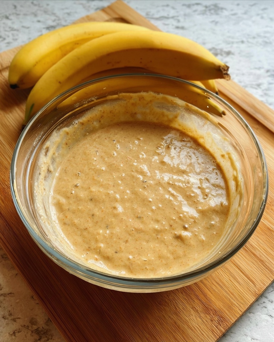 A clear glass bowl filled with a thick, light brown batter that has visible small lumps and bubbles throughout the mixture. The bowl is placed on a wooden board, with two ripe yellow bananas resting behind it. The background surface is a white marbled texture. photo taken with an iphone --ar 4:5 --v 7