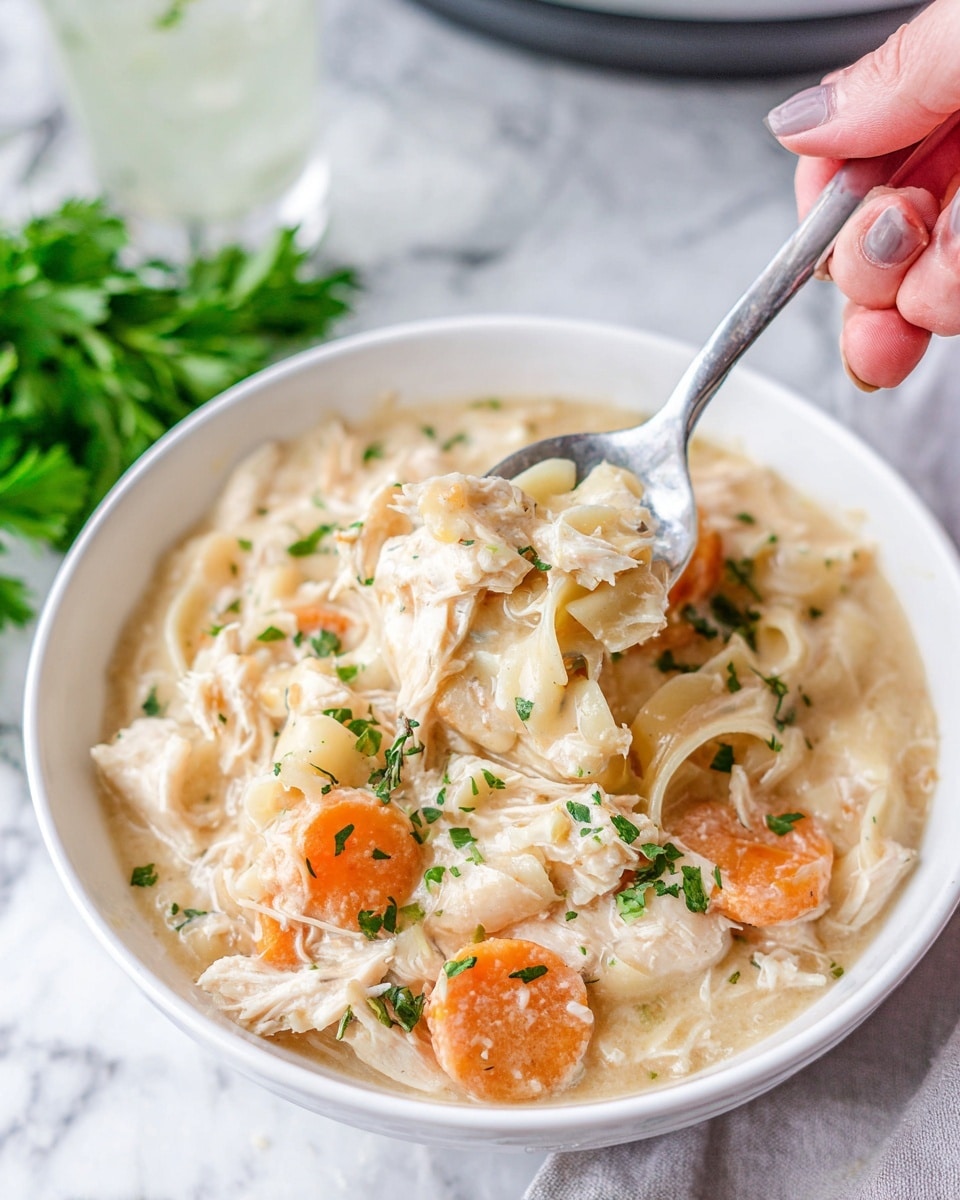 A white bowl filled with creamy chicken noodle soup containing visible layers of tender shredded white chicken, soft pale yellow noodles, bright orange carrot slices, and small chopped green herbs on top. A woman's hand holds a silver spoon near the camera, lifting a spoonful of soup showing all the ingredients mixed with the creamy broth. The background has a white marbled texture with a glass of water and green parsley adding soft color accents. Photo taken with an iphone --ar 4:5 --v 7