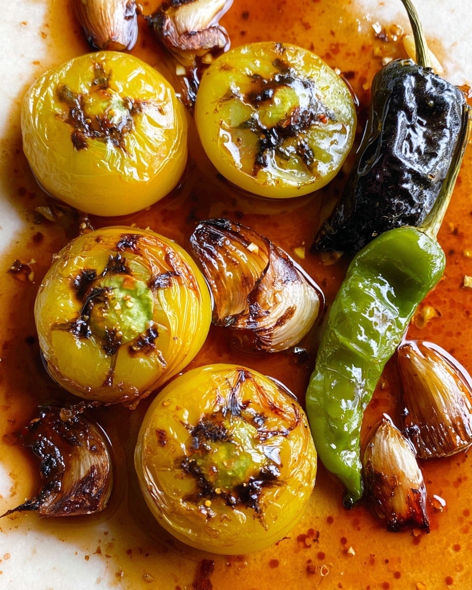 The image shows a close-up of roasted yellow tomatoes with charred black and brown spots on their wrinkled, softened skins. They are placed on a white marbled surface along with two roasted green chili peppers, one mostly blackened and shriveled. Around the tomatoes and peppers, there are pieces of browned, roasted garlic cloves sitting in a pool of reddish-brown roasted juices. The textures vary from smooth and shiny in the liquid to wrinkled and slightly rough on the vegetables. photo taken with an iphone --ar 4:5 --v 7