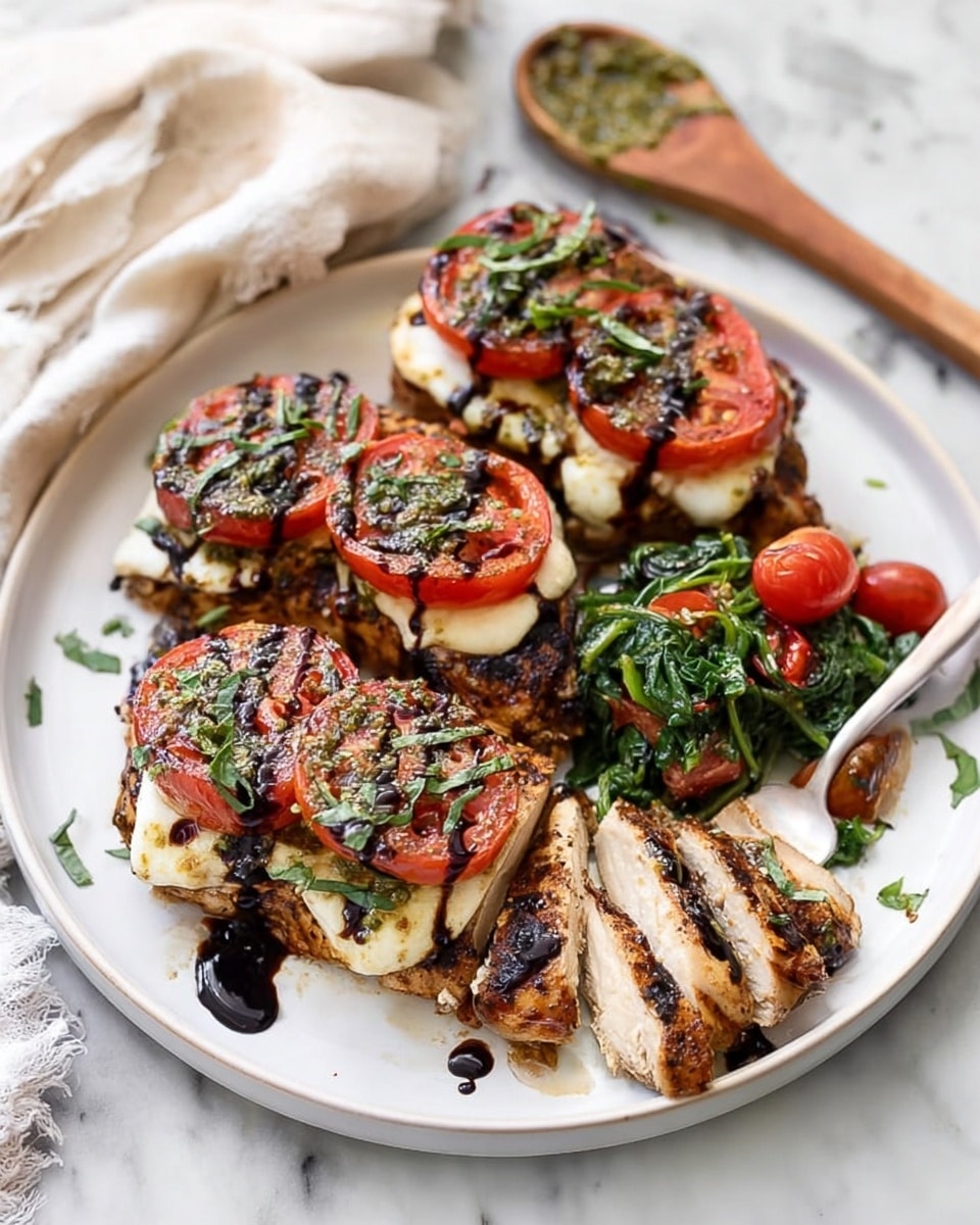 The dish shows four pieces of grilled chicken on a white plate with a white marbled background. Each piece of chicken has three layers: the bottom is the browned and grilled chicken, the middle layer is melted white cheese such as mozzarella, and the top layer is two slices of red tomato. A dark balsamic glaze is drizzled over the cheese and tomatoes, with finely chopped green herbs sprinkled lightly on top. In the center of the plate, there is a small pile of cooked green spinach mixed with red cherry tomatoes. A fork rests on the right edge of the plate, holding sliced chicken pieces. A wooden spoon with some green sauce is at the top left corner, and a cream-colored cloth is above the plate. Photo taken with an iphone --ar 4:5 --v 7