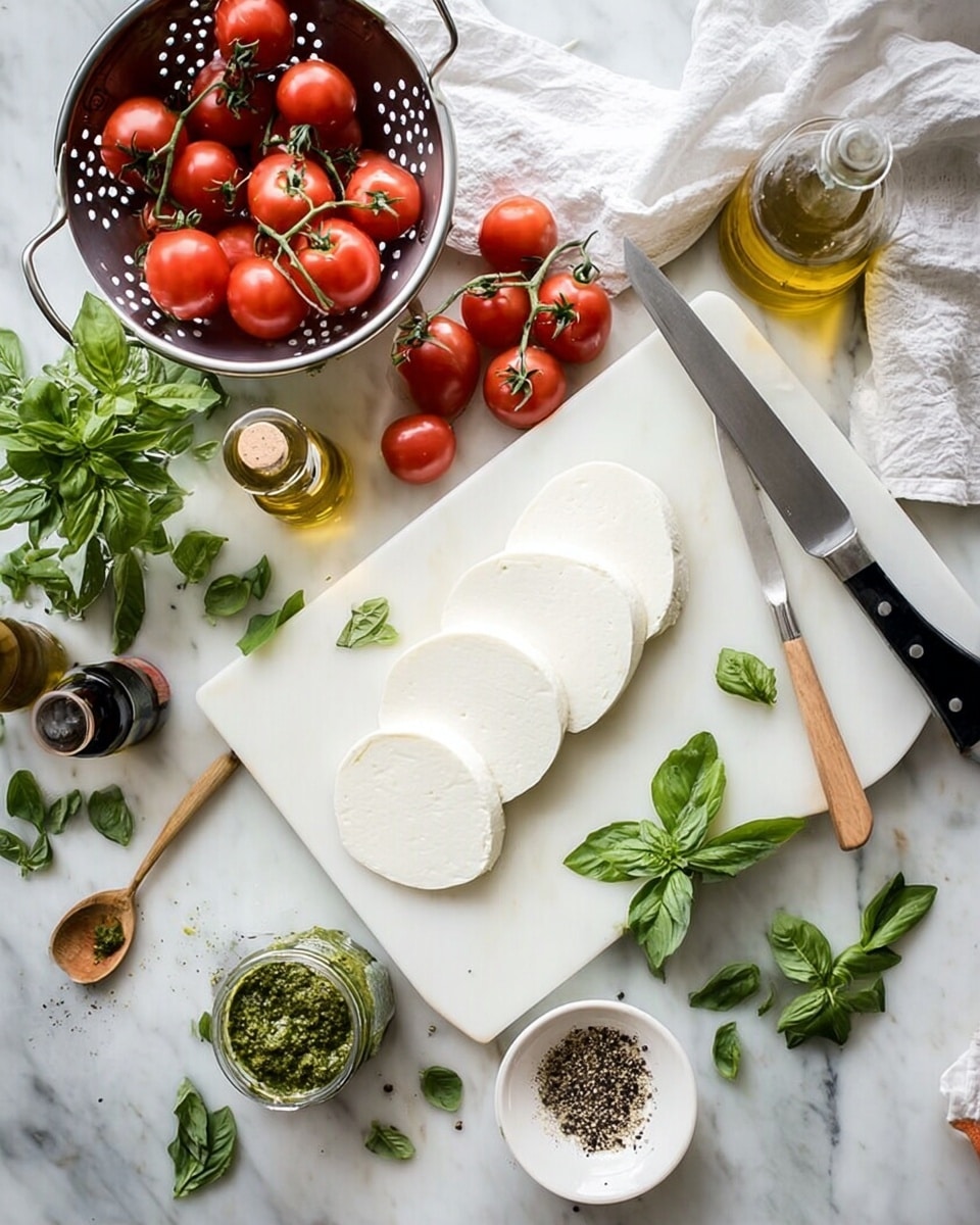 The image shows a white cutting board on a white marbled surface with five thick, white cheese slices arranged in a slight curve near the top right. A black-handled knife lies diagonally on the board just below the cheese. Fresh green basil leaves are scattered around the cutting board and on it. To the left, a round silver colander holds fresh red tomatoes with vine stems attached, with some tomatoes spilling onto the surface. Various bottles of oil and vinegar are positioned near the top left. Below the tomatoes, a small jar of green pesto with a wooden spoon rests on the white marbled background. A small white bowl with coarse black pepper sits on the right bottom side, with a white cloth nearby. A white towel is casually placed above the cutting board. The whole scene is bright with natural light. photo taken with an iphone --ar 4:5 --v 7