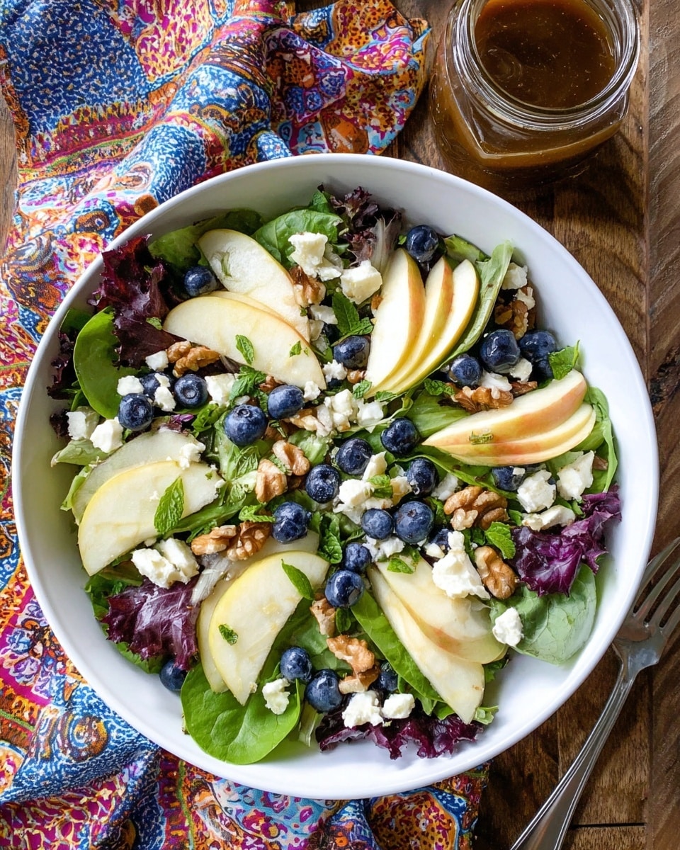 A fresh salad in a white bowl contains several layers starting with a base of mixed green and purple leafy lettuce. On top, there are sliced light yellow apple wedges, scattered dark blue blueberries, and some crumbled white cheese. Small brown walnut pieces and chopped green herbs are lightly spread over the salad. The bowl is placed on a wooden surface with a colorful patterned cloth beside it, and a jar with a dark brown dressing is near the top right corner. Photo taken with an iphone --ar 4:5 --v 7