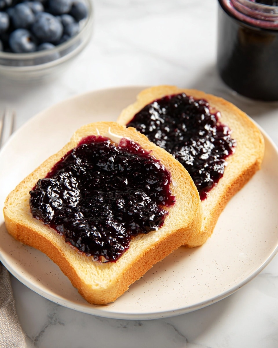 Two slices of light golden toasted bread lie on a white plate with a smooth, slightly speckled texture. Each slice is layered with a pale yellow spread of butter followed by a thick, shiny layer of dark purple-black jelly that looks rich and slightly chunky. The plate is placed on a white marbled surface, and a glass jar of blueberries is partially visible in the background, adding a soft blue accent to the scene. The lighting is soft and natural, giving the image a fresh and inviting look photo taken with an iphone --ar 4:5 --v 7