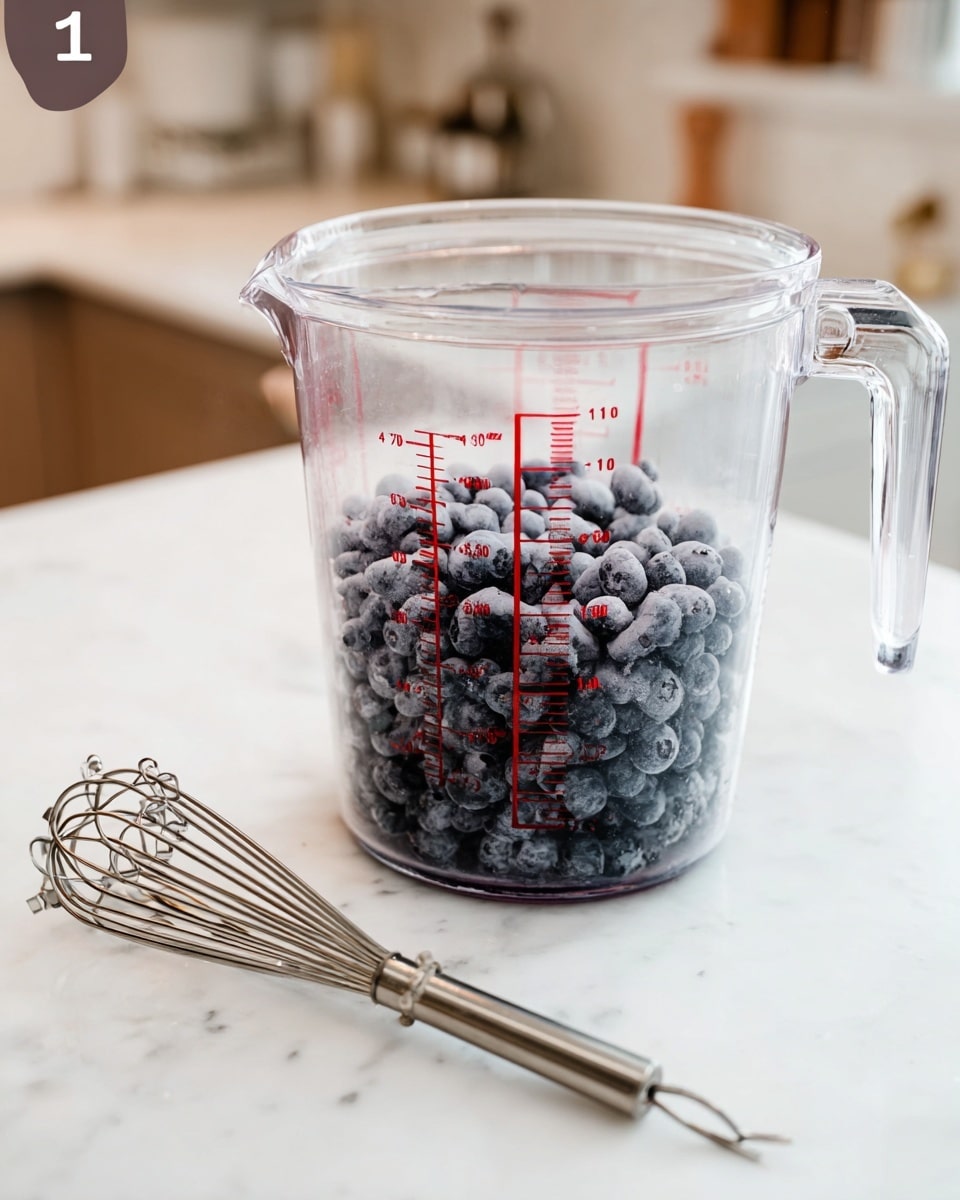 A clear plastic measuring container filled halfway with fresh blueberries shows red measurement marks on the side from 1 liter to 4 liters. The container sits on a white marbled surface with a metal potato masher lying in front of it. The background is a blurred kitchen scene with neutral colors. A beige step 1 banner is visible in the upper left corner. photo taken with an iphone --ar 4:5 --v 7