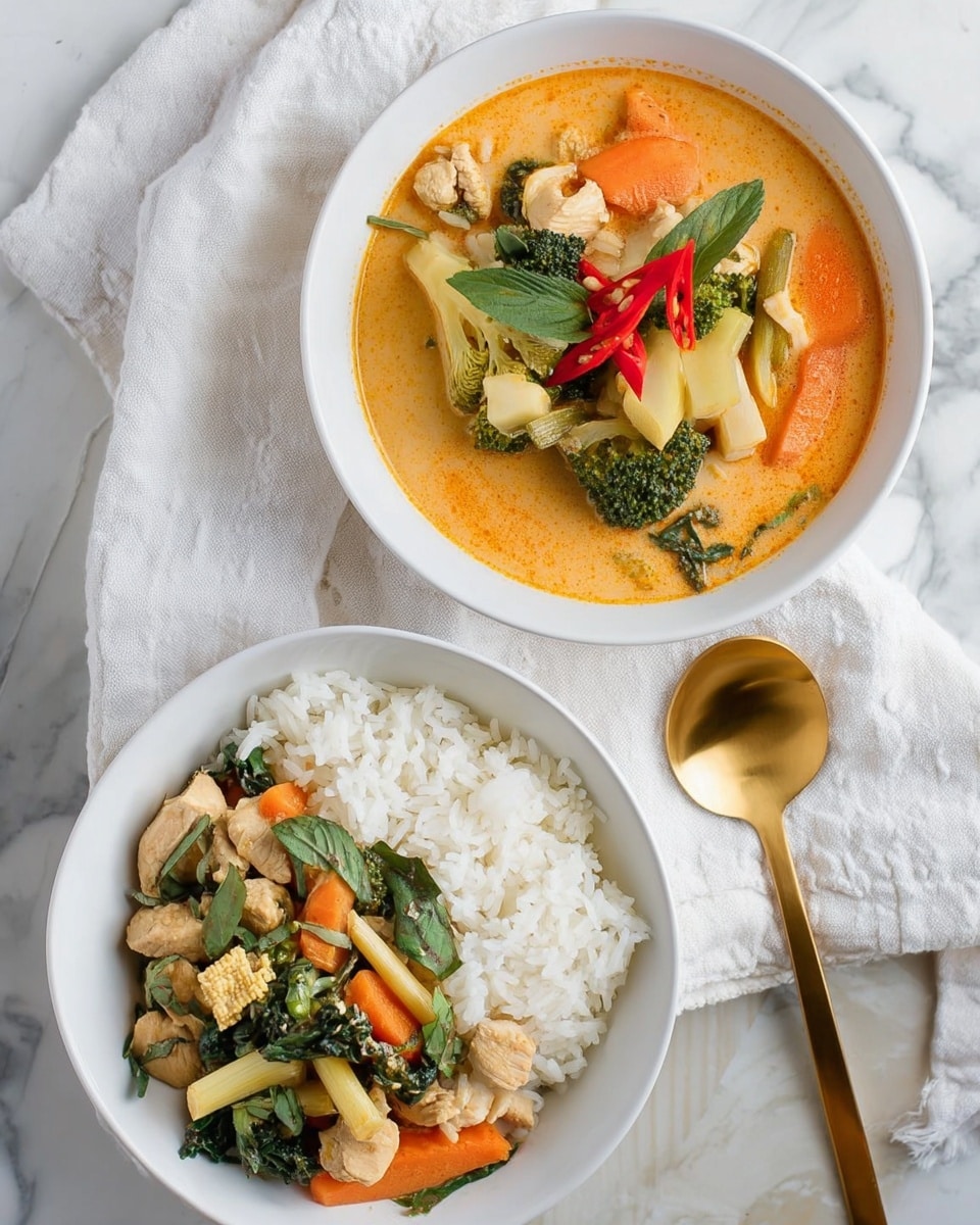 The image shows two white bowls on a white marbled surface with a white cloth underneath. The top bowl has a creamy orange soup with visible layers: chunks of light brown chicken, green broccoli florets, light yellow bamboo shoots, orange baby carrots, dark green leafy herbs, and a small red chili pepper on top. The bottom bowl contains a white rice layer with a mixed topping of light brown chicken pieces, green broccoli, light yellow bamboo shoots, orange baby carrots, and dark green herbs. A golden spoon is placed on the right side of the lower bowl. Photo taken with an iphone --ar 4:5 --v 7