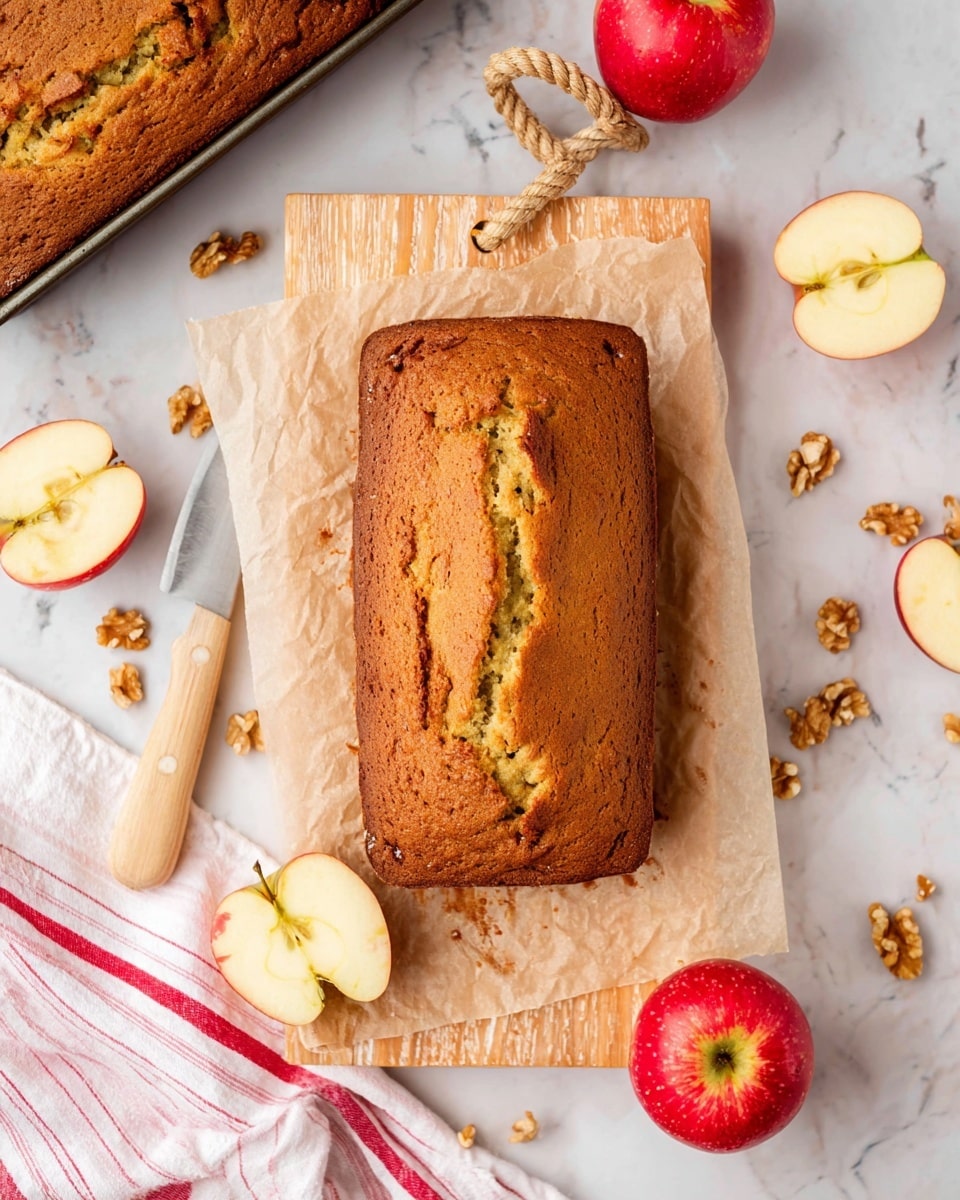 A golden brown loaf cake with a cracked top sits on parchment paper placed on a light wooden cutting board with a rope handle, showing a soft and slightly speckled texture with hints of green. Around the board, there are whole red apples with a bright red and yellow gradient skin, two halves of a red apple revealing the white inside and seeds, and scattered walnut pieces adding rough textures. To the left, a knife with a light wood handle rests on a white and red striped cloth, while the background is a white marbled surface. In the top left corner, part of the cake remains in a rectangular dark baking pan. photo taken with an iphone --ar 4:5 --v 7