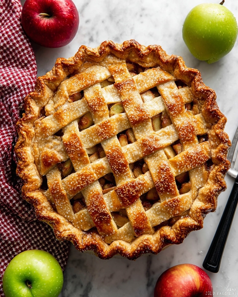 A golden brown lattice apple pie with a shiny, sugar-coated crust sits on a white marbled surface. The pie has a crimped edge and a lattice top made of evenly woven dough strips showing the spiced apple filling below. Around the pie are two shiny red apples and one green apple, all whole, along with a red checkered cloth to the left and part of a black-handled utensil to the right of the pie. photo taken with an iphone --ar 4:5 --v 7