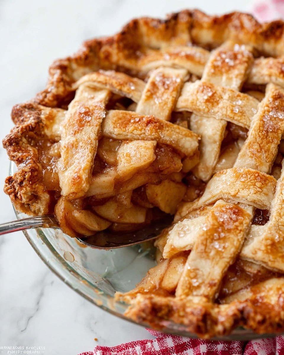 A close-up view of a homemade apple pie in a clear glass pie dish on a white marbled surface, showing a golden brown lattice crust on top with coarse sugar sprinkles. The pie has thick lattice strips woven over a layer of soft, cinnamon spiced apple slices that have a glossy, warm brown color. The edge of the crust is crimped and slightly uneven with a flaky texture. One slice is lifted slightly with a silver pie server, revealing the juicy apple filling underneath, which is thick and syrupy with small chunks of apple. Part of a red and white checkered cloth is visible in the lower right corner. photo taken with an iphone --ar 4:5 --v 7