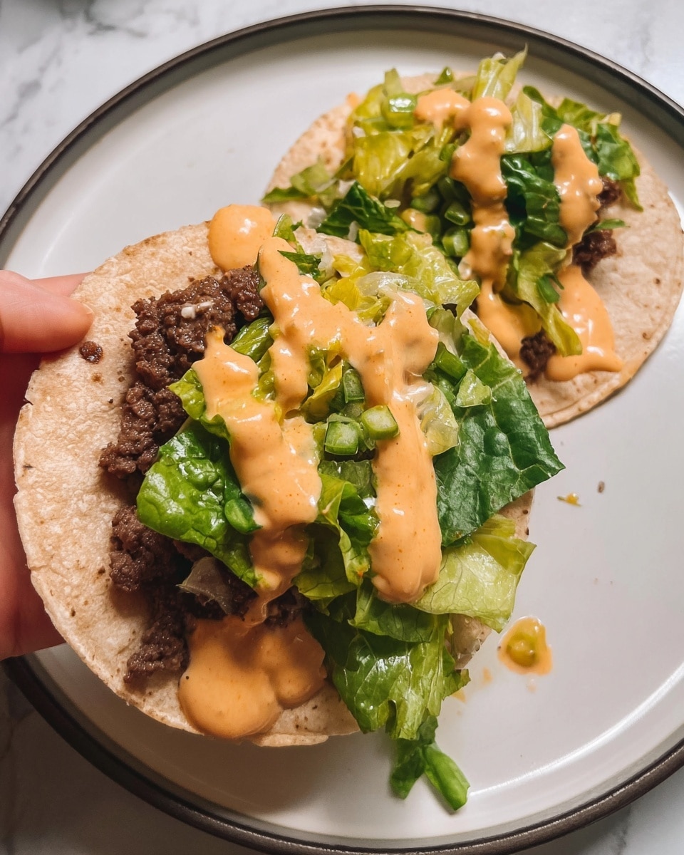 The image shows two soft corn tortillas with three main layers each. The bottom layer is cooked ground beef, dark brown and crumbly, spread evenly over each tortilla. On top of the beef is a scattering of chopped fresh green lettuce leaves, giving a fresh and crunchy texture. The top layer is a creamy light orange sauce drizzled over the lettuce and beef, adding color contrast and creaminess. One tortilla is held by a woman's hand and slightly tilted above the other one on a white plate with a dark rim, all placed on a white marbled surface. photo taken with an iphone --ar 4:5 --v 7