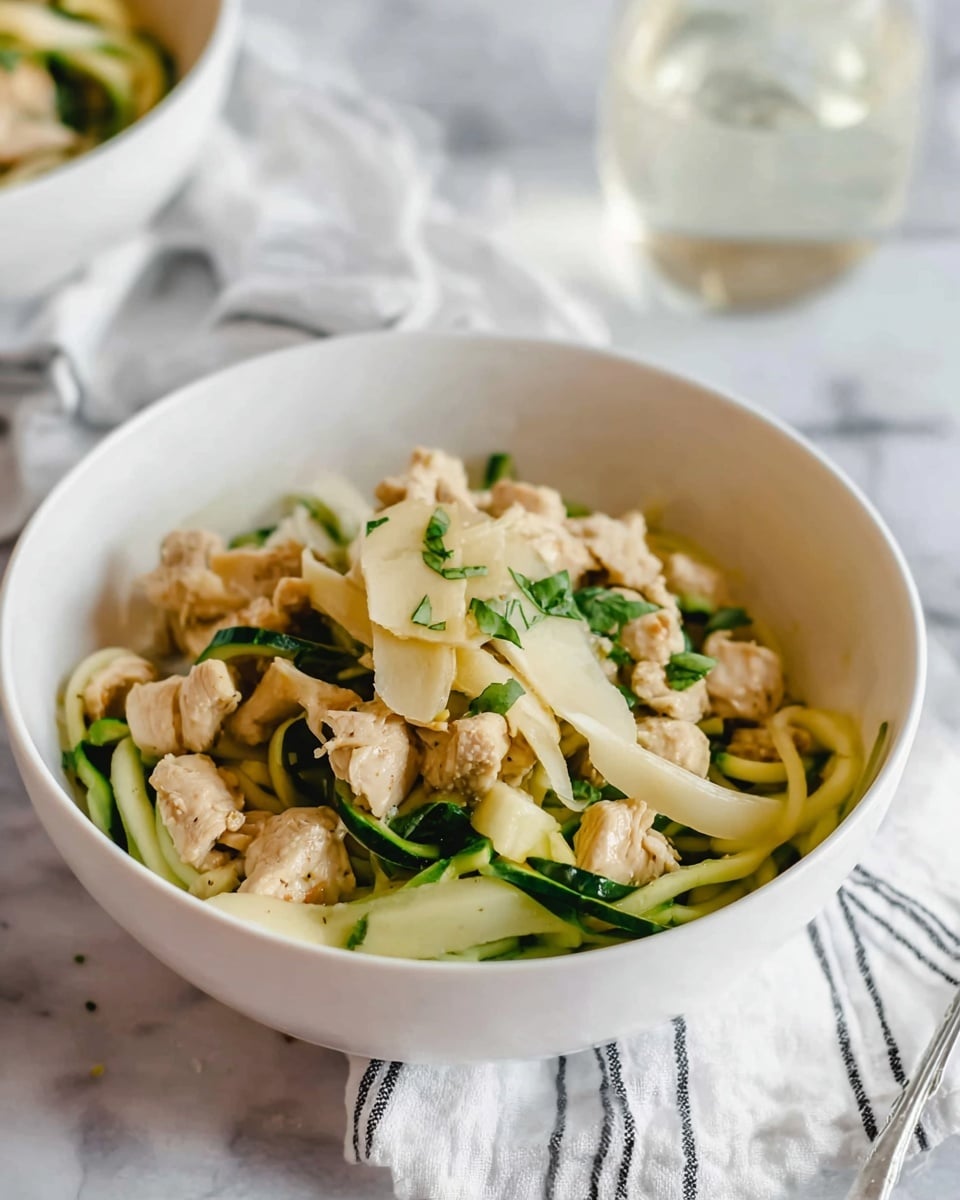 The image shows a white bowl filled with a layered dish. The bottom layer is light green zucchini noodles with a smooth texture. On top, there are light tan pieces of cooked chicken mixed with slightly shiny white bamboo shoots, scattered green leafy herbs, and thin strips of pale yellow cheese or a similar ingredient. The bowl is placed on a white marbled surface with a white cloth napkin featuring black lines next to it, and a blurred glass of water in the background. photo taken with an iphone --ar 4:5 --v 7