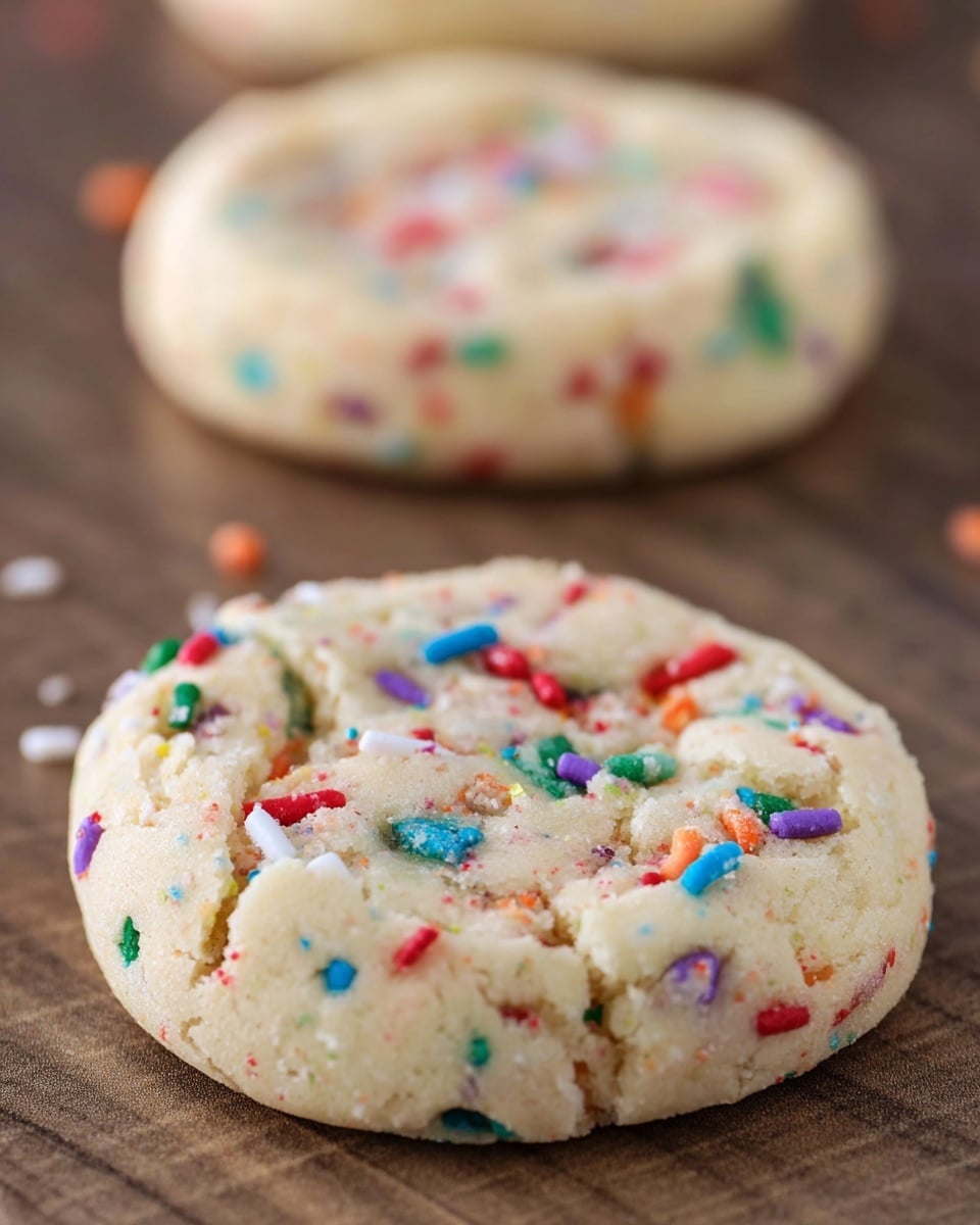 The image shows two round, soft cookies with a light cream color, each dotted with small, colorful sprinkles in red, green, blue, orange, white, and purple. The cookies have a slightly uneven surface with small cracks and a soft texture. One cookie is in focus in the front, while the other is blurred in the background, both resting on a wooden textured surface. The colors of the sprinkles add a playful, festive look to the cookies. photo taken with an iphone --ar 4:5 --v 7