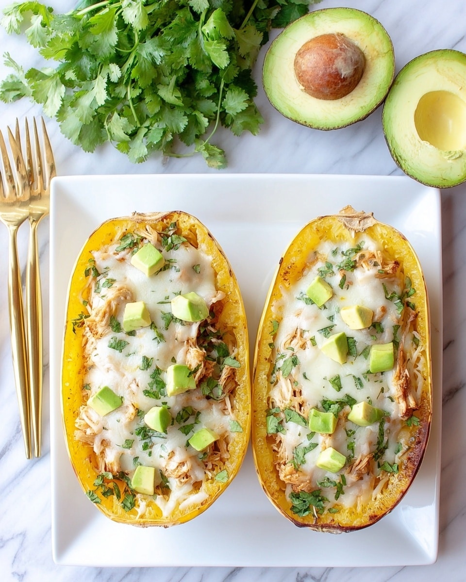 Two roasted spaghetti squash halves on a white square plate, each filled with three layers: the bottom layer is the bright yellow cooked squash with a slightly charred edge, the middle layer is shredded chicken mixed with herbs and spices, and the top layer is melted white cheese sprinkled with small green cilantro pieces and diced avocado cubes. The plate rests on a white marbled surface with three gold forks placed to the left, a bunch of fresh cilantro above, and two whole avocados (one halved showing green flesh and a brown seed, the other whole) to the right. Photo taken with an iphone --ar 4:5 --v 7