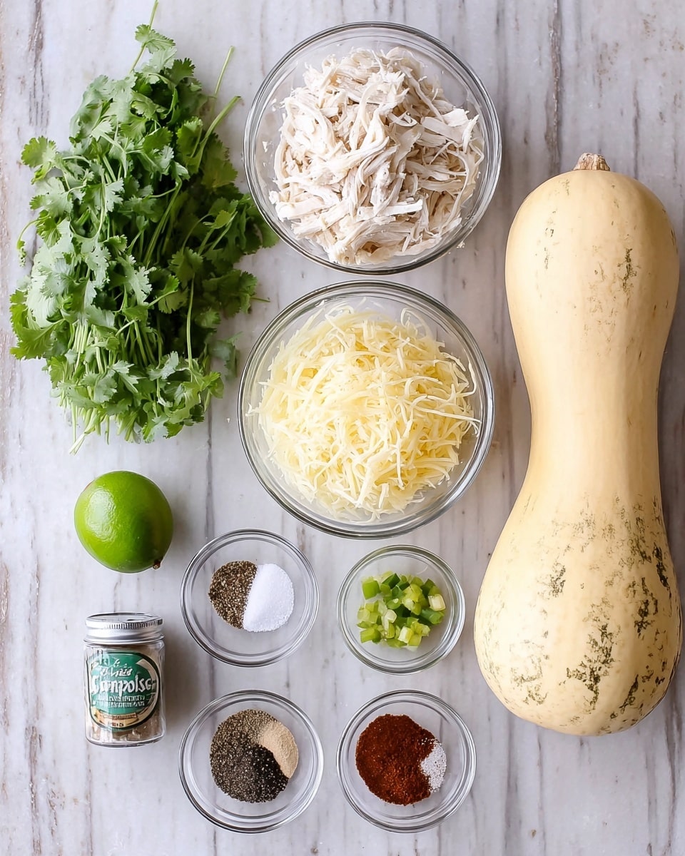 A flat lay image of cooking ingredients arranged on a white marbled surface, showing a bundle of fresh green cilantro leaves on the left, next to two clear glass bowls stacked vertically with shredded white chicken on top and shredded white cheese below. To the right, there is a whole pale yellow spaghetti squash with slight brown markings. Below the two bowls and squash, a small bright green lime sits on the left next to a small can of diced green chilies. Four smaller clear glass bowls are placed in two rows with black pepper, salt, ground cumin, and chili powder, each spice layer having distinct dark, white, light brown, and reddish textures. The overall arrangement is neat and well-spaced, with natural daylight lighting. Photo taken with an iphone --ar 4:5 --v 7