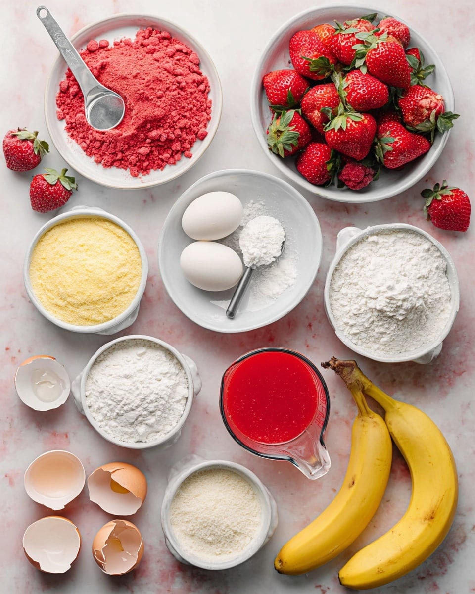 The image shows a flat lay of baking ingredients on a white marbled surface. There are several white bowls filled with different items: one with crushed red freeze-dried strawberries, one with granulated sugar, another with two raw eggs, a bowl with white powdered sugar and a small metal scoop inside, a bowl with a yellowish powder (likely almond flour), and a larger bowl filled with whole fresh strawberries. Also visible are a peeled yellow banana split into halves on the right and a whole yellow banana at the bottom left, along with eggshell halves and a small bowl of white powder (possibly baking powder). There is also a small glass measuring cup filled with bright red strawberry puree near the center. The colors are bright and fresh with red, yellow, white, and natural textures all arranged neatly. Photo taken with an iphone --ar 4:5 --v 7