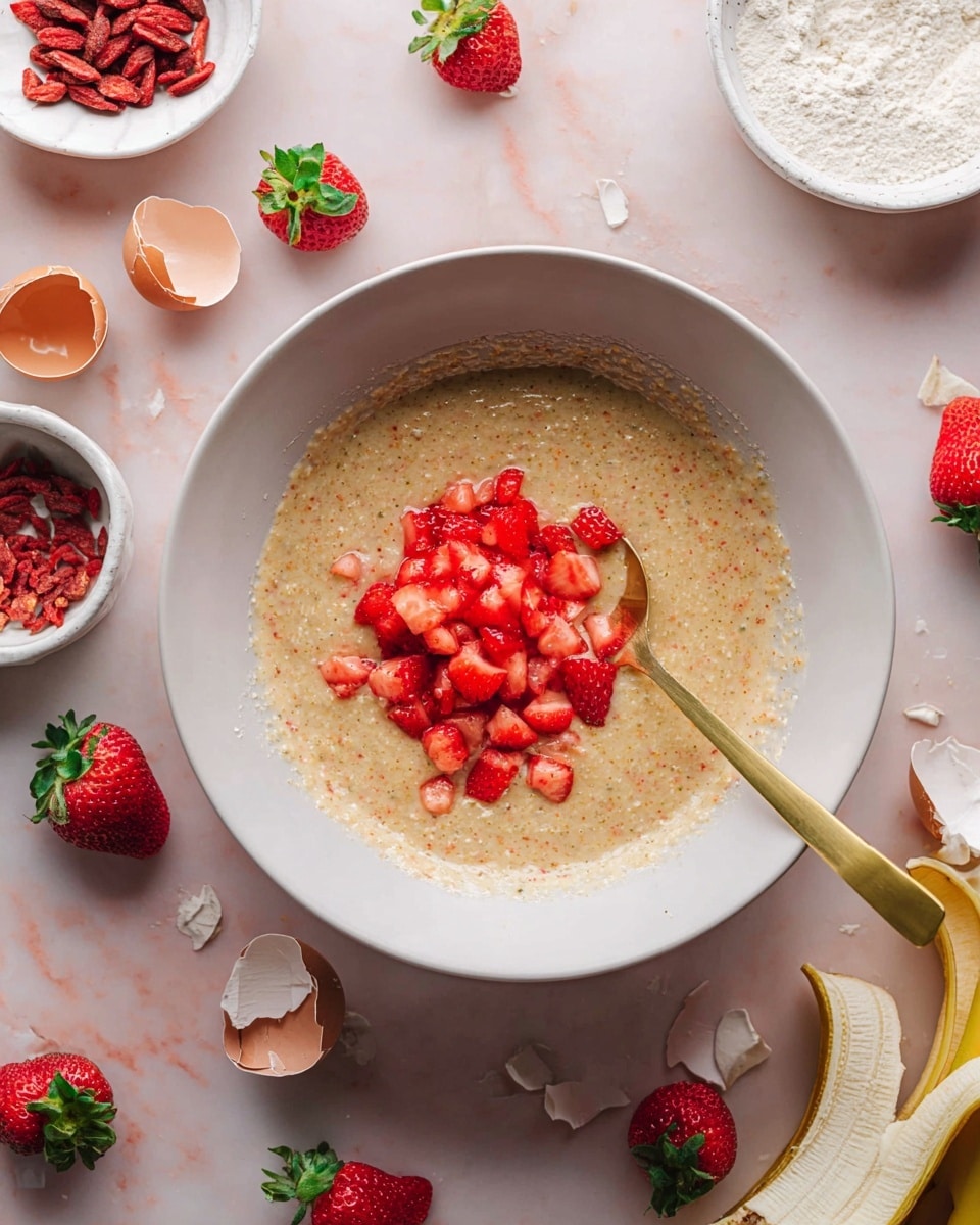 A large white bowl filled with a light brown batter that has a thick, slightly grainy texture, topped with a pile of small, bright red chopped strawberries sitting in the center. A gold spoon is resting inside the bowl on the right side, partially submerged in the batter. Around the bowl, there are scattered whole strawberries with green leafy tops on a white marbled surface, along with broken eggshells and a banana half peel showing the inside in pale yellow tones. In the background, there are two white bowls, one with dried red fruit pieces and the other with white powder. Photo taken with an iphone --ar 4:5 --v 7