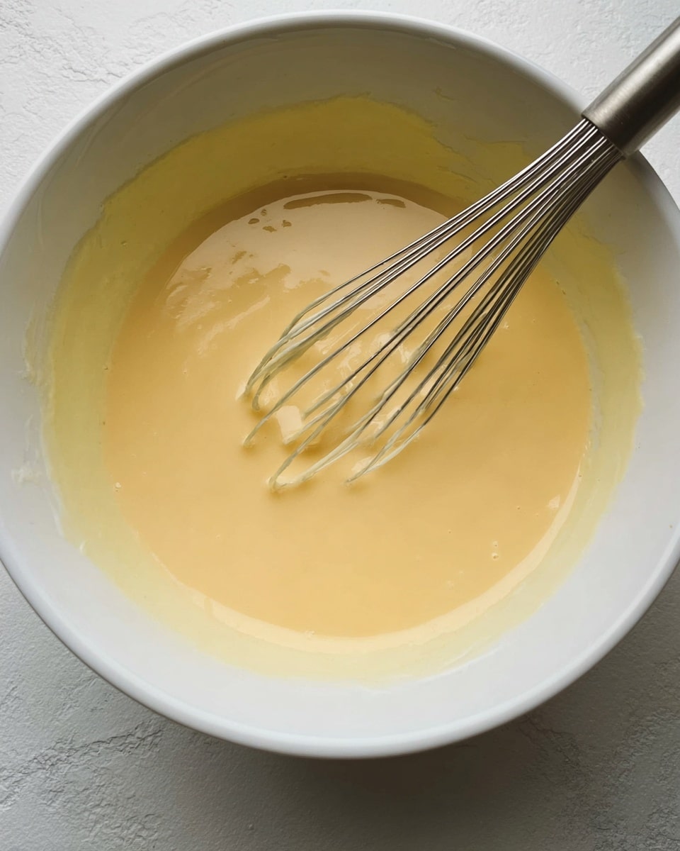 A white bowl filled with a smooth, pale yellow batter that has a creamy texture. Inside the bowl, a metal whisk with thin wires is partially dipped into the batter, showing gentle movement with some batter clinging to it. The bowl rests on a white marbled textured surface, giving a clean and bright look to the scene. photo taken with an iphone --ar 4:5 --v 7