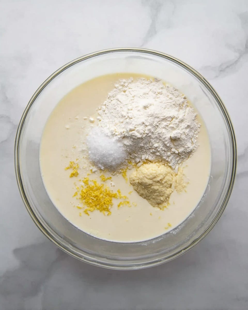 A large clear glass bowl sits on a white marbled surface, containing several unmixed ingredients. The bottom layer is a light cream liquid filling the bowl halfway. On top, there are three main clumps and one small mound: a mound of white flour positioned at the upper left, a round heap of pale yellow sugar on the right, a small dollop of white yeast just below center, and a sprinkle of yellow lemon zest near the bottom center. The ingredients are separated clearly and resting on the surface of the cream liquid. photo taken with an iphone --ar 4:5 --v 7
