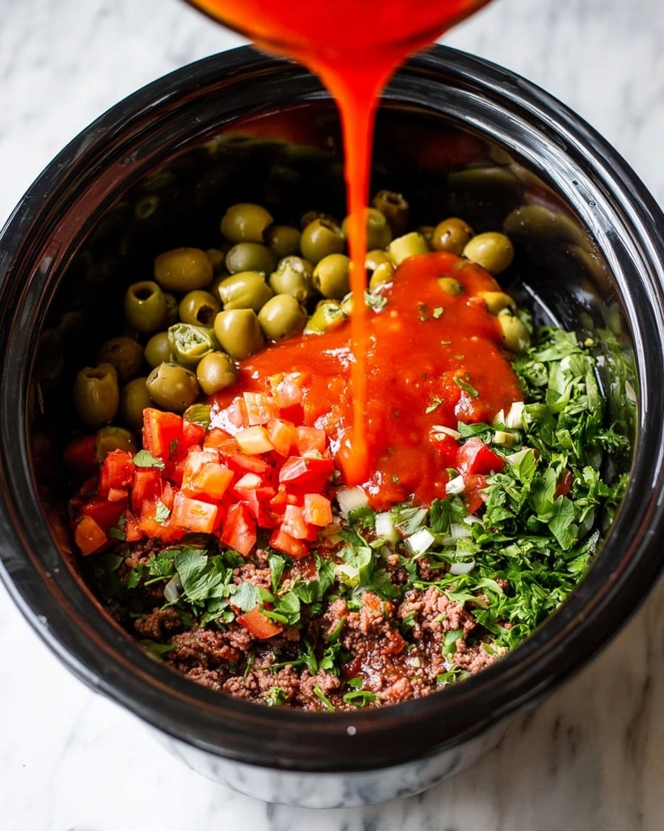 Inside a black slow cooker, there are layers of food visible. The bottom layer looks like cooked ground meat, dark brown in color. Above it is a fresh layer of chopped green herbs mixed with small pieces of bright red tomatoes. On top of that, there are whole green olives spread evenly. Bright red sauce is being poured over everything from above. The slow cooker is placed on a white marbled surface. photo taken with an iphone --ar 4:5 --v 7