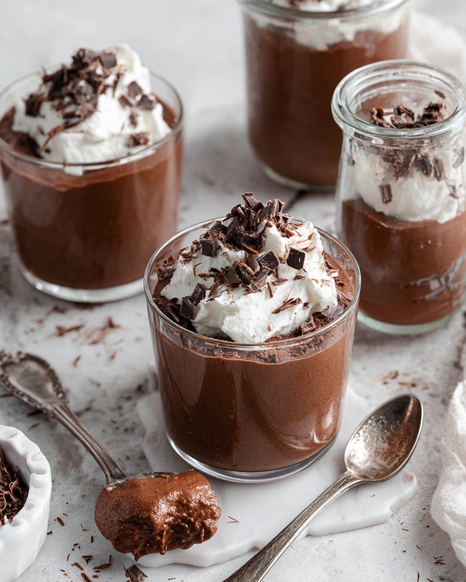 The image shows three servings of chocolate mousse in clear glass containers. The front container is a short glass filled with a thick, rich brown chocolate mousse base topped with a fluffy white whipped cream layer. The whipped cream is decorated with small dark brown chocolate curls scattered on top. Behind this, there are two taller glass jars also filled with the same chocolate mousse layer and topped with whipped cream and chocolate curls. The containers are placed on a white marbled surface with some vintage silver spoons around, one spoon holding a little mousse. A small white ceramic bowl with more chocolate curls is partially visible on the left side. photo taken with an iphone --ar 4:5 --v 7