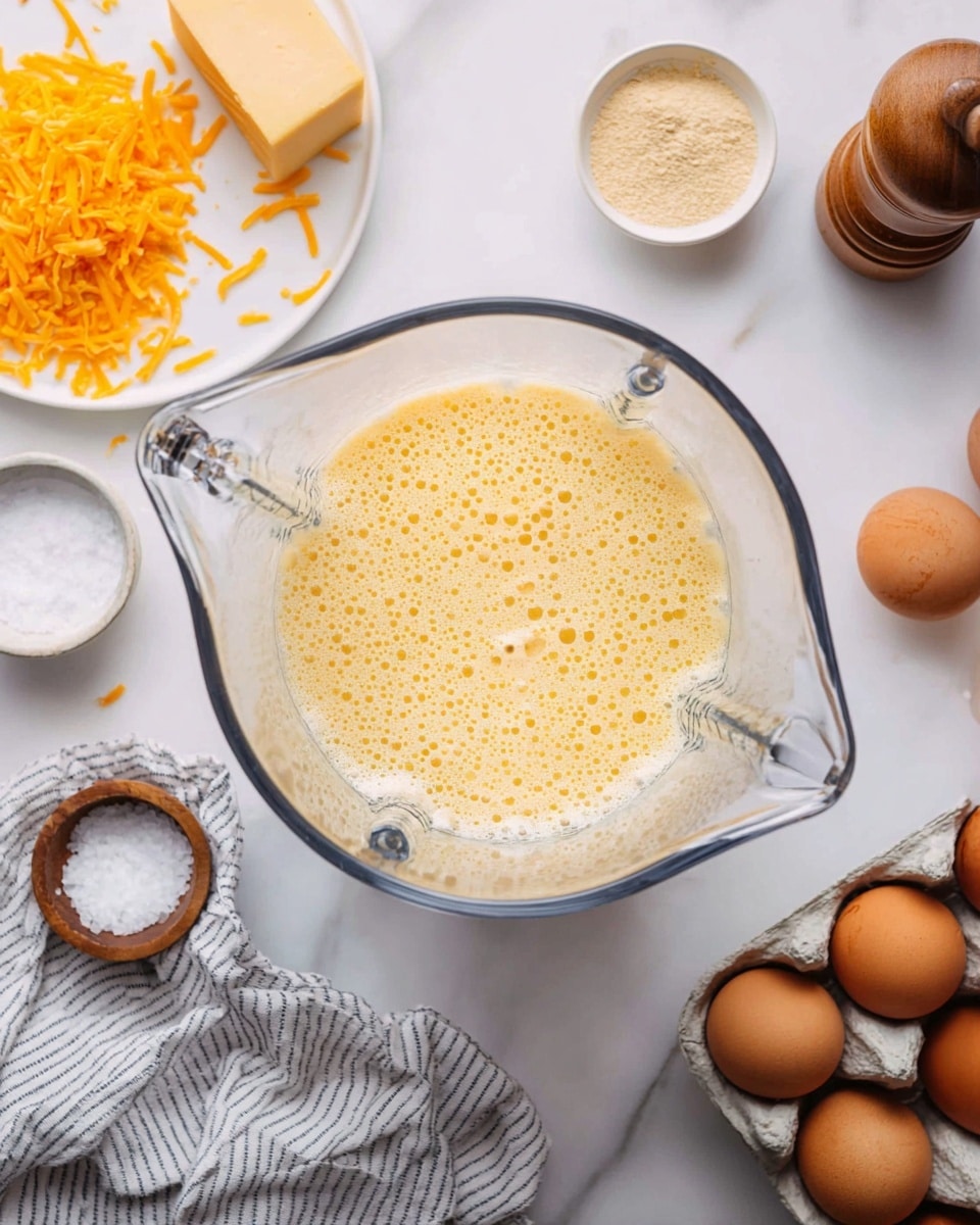 A clear blender pitcher takes center with a frothy, pale yellow liquid inside, its surface full of little bubbles. To the top left, a white plate holds orange shredded cheese scattered around, with a block of cheese at its edge. Near the top right, a small white dish contains a light tan powdery ingredient. The bottom right shows part of a brown pepper grinder and some cracked eggshells, along with whole brown eggs resting in a gray carton. At the bottom center, another small white plate holds coarse white salt. A gray and white striped kitchen towel lies folded beneath the blender on a white marbled surface photo taken with an iphone --ar 4:5 --v 7