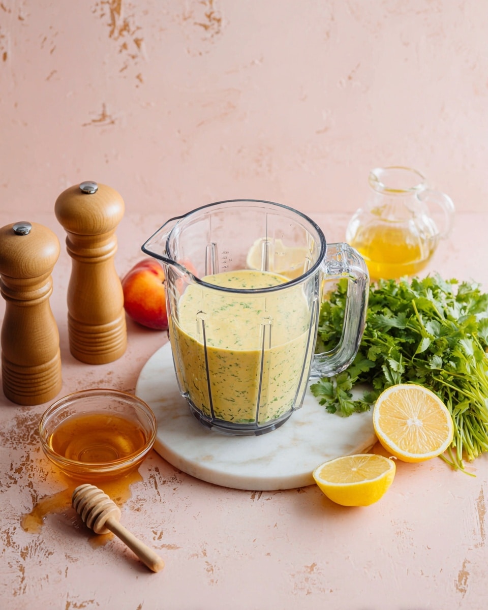 A clear blender jar filled with a creamy yellow sauce flecked with green herbs sits on a white marbled surface near the bottom left. To the right of the blender is a bunch of fresh green cilantro with long stems, placed on the marble. Above the cilantro is a glass container filled with golden oil. To the left of the oil container is a whole peach with a smooth skin showing pinkish-orange tones. Near the top left corner are two small wooden salt and pepper shakers with ridged sides showing holes on top. Near the bottom right corner, a sliced lemon is positioned with one half flat and the other quarter angled, showing the yellow flesh and white rind. Below the lemons, a small glass jar of honey with a wooden honey dipper rests on the surface. The background is a soft pink with a slightly worn texture. Photo taken with an iphone --ar 4:5 --v 7