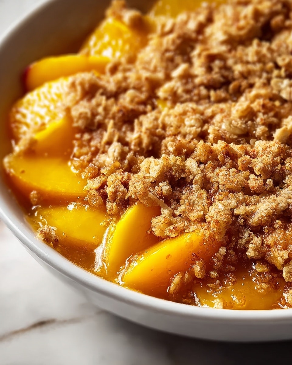 The image shows a close-up of a dessert in a white round bowl, featuring two main layers. The bottom layer is made of soft, bright orange peach slices with a shiny, juicy texture. Sitting on top is a crumbly, golden brown oat topping that looks crunchy and slightly uneven in texture. The edges of the bowl are smooth, and the whole dish is set against a white marbled surface. photo taken with an iphone --ar 4:5 --v 7