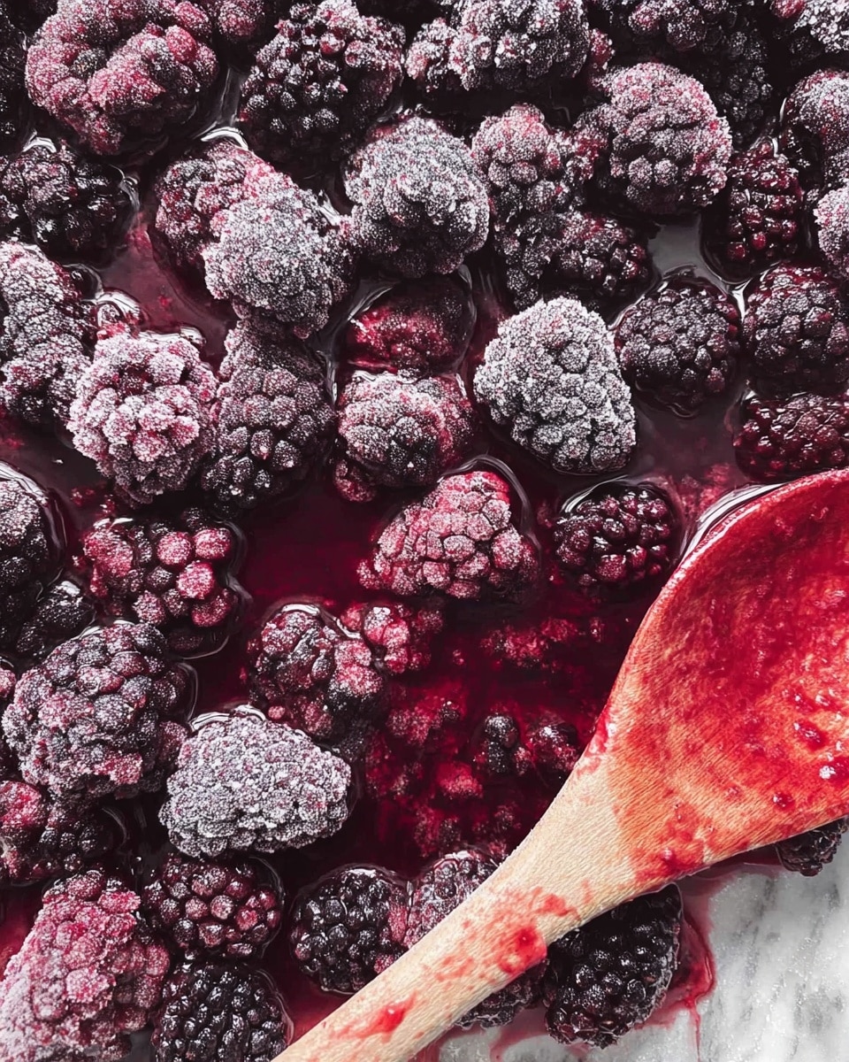 A close-up view of many frozen blackberries with a light layer of frost on their dark purple and black surfaces, sitting in a shiny, deep red liquid. A wooden spoon with a slightly wet, reddish tip rests diagonally across the bottom right corner, partially covered in the berry juice. The whole scene is set on a white marbled background. photo taken with an iphone --ar 4:5 --v 7
