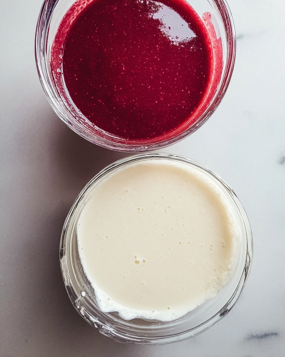 The image shows two glass bowls placed on a white marbled surface. The top bowl contains a thick, deep red sauce with a smooth texture and small specks visible throughout, filling the bowl almost to the edge. Below it, the second bowl holds a thick, creamy white mixture with tiny bubbles on the surface, also nearly full. Both bowls reveal clear glass edges and the liquids inside look fresh and creamy. The setup is simple, focusing on the contrast between the rich red sauce and the light cream. Photo taken with an iphone --ar 4:5 --v 7