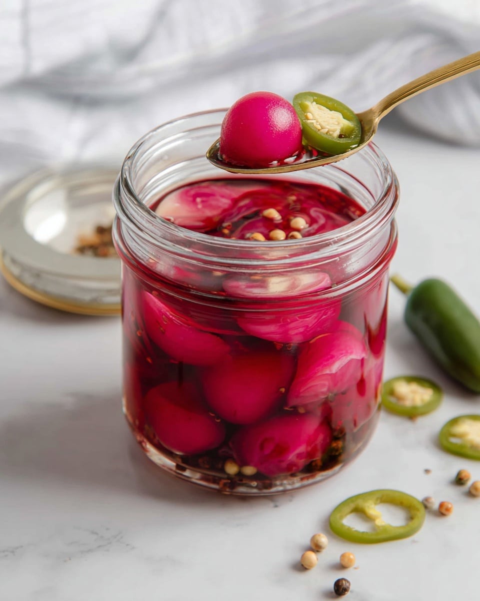 A clear glass jar filled with bright pink pickled onions sitting on a white marbled surface. Inside the jar, the pink onions float in a deep reddish-pink liquid with visible small round seeds and sliced mustard seeds, creating texture and color contrast. A gold spoon holds one whole shiny, wet pink onion along with sliced yellow-green chili, hovering over the jar. Around the jar on the white marbled surface are whole and sliced green chilies along with scattered mustard and black pepper seeds. The background is soft and blurred with a subtle white fabric showing faint stripes. Photo taken with an iphone --ar 4:5 --v 7