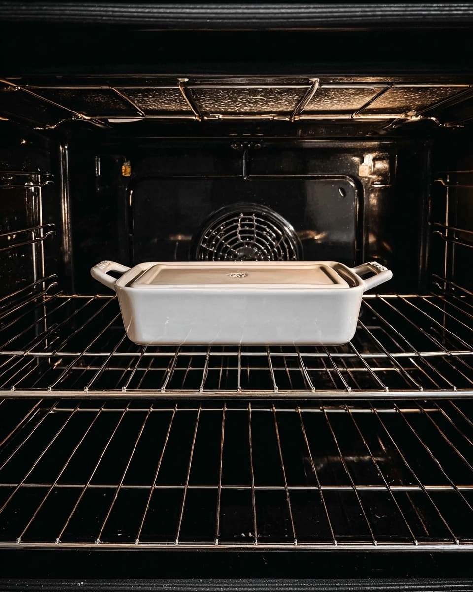 A white rectangular ceramic dish with a lid sits centered on a metal rack inside a dark oven, the dish has small handles on each side and a smooth, glossy surface. The interior of the oven is shiny black with multiple metal racks, and the back wall shows a circular pattern with a vent in the center. The overall setting is clean and orderly. Photo taken with an iphone --ar 4:5 --v 7
