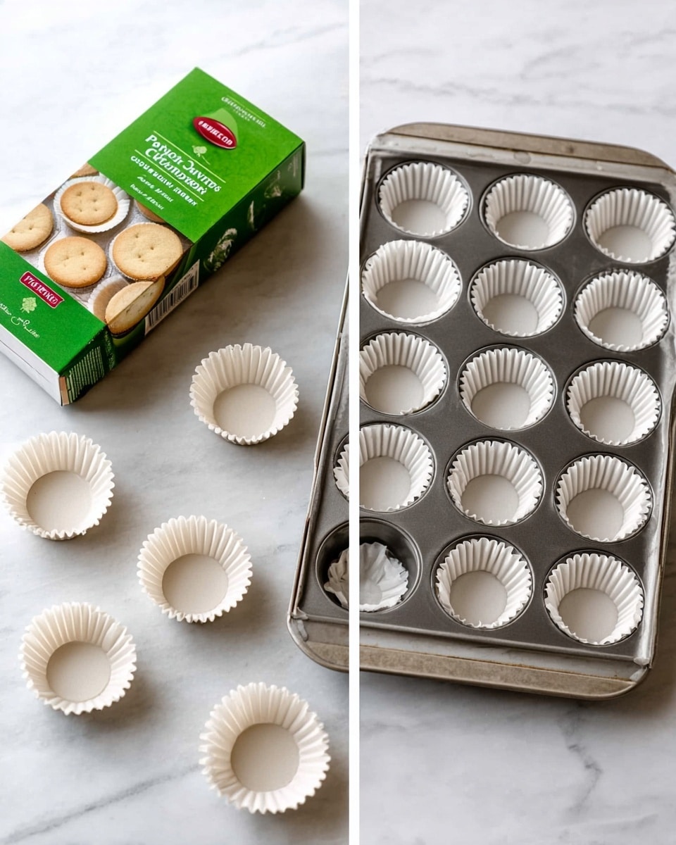 The image shows two scenes side by side on a white marbled surface. On the left side, there is a box of green and white PaperChef Culinary Parchment baking cups sitting next to a silver baking tray with six white parchment baking cups inside it and two more white parchment baking cups placed on the surface nearby. On the right side, there is a silver baking tray filled with 12 white parchment baking cups neatly arranged in rows. The entire setup is clean and simple, focusing on the baking cups and trays. Photo taken with an iphone --ar 4:5 --v 7