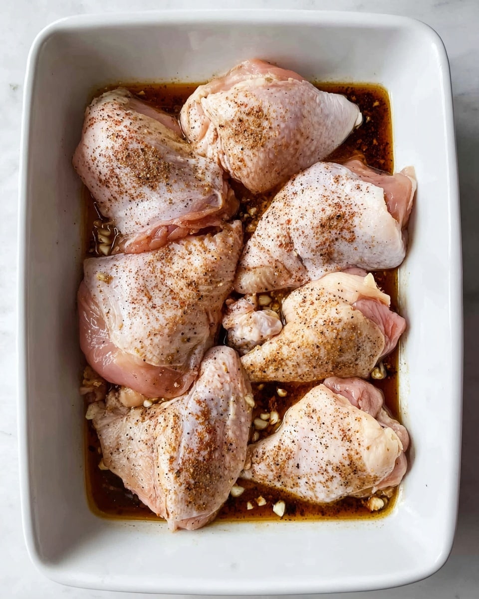 A white plate holds six raw chicken pieces with pale pink skin and some yellow fat, arranged in a loose pile. To the right, a white bowl is filled with small yellow potatoes, most of them cut in halves showing a smooth texture. Below the bowl of potatoes, there is a small white bowl filled with a dark brown sauce, smooth and slightly shiny. All items are placed on a white marbled surface. Photo taken with an iphone --ar 4:5 --v 7