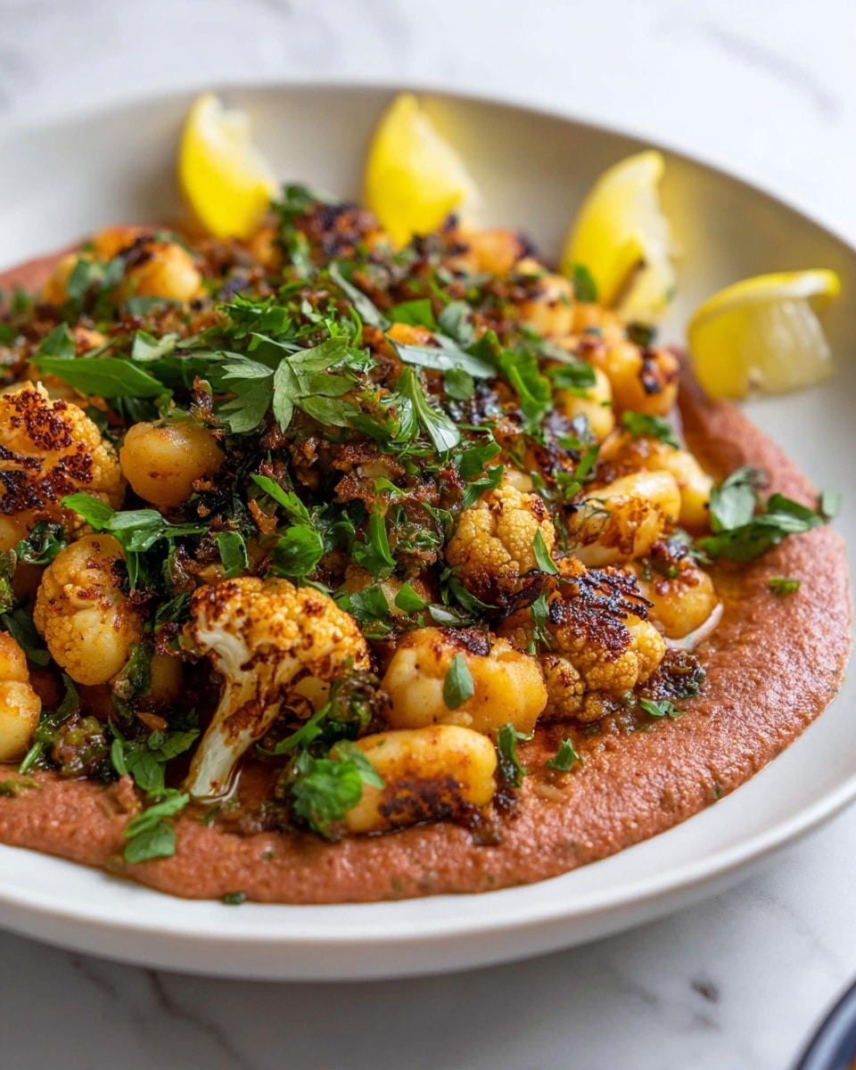 The dish is served on a white plate laid on a white marbled surface. It has two main layers: the bottom layer is a smooth, reddish-brown sauce spread evenly across the plate. The top layer is made of golden-orange gnocchi mixed with roasted cauliflower pieces that show charred, dark brown spots. Fresh bright green herbs are sprinkled generously on top, adding a splash of color. On the edge of the plate, there are a few thin slices of lemon placed slightly overlapping. The focus is on the center of the dish, showing the texture of both the sauce and the gnocchi and cauliflower, which look slightly crispy. Photo taken with an iphone --ar 4:5 --v 7