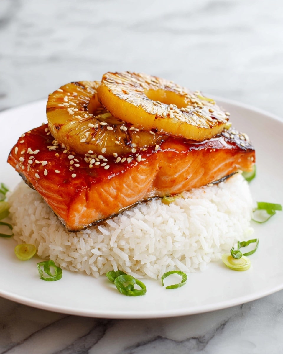 The dish shows three layers: at the bottom is a mound of white rice with fluffy, separated grains, on top of the rice is a thick piece of orange salmon with a glossy, slightly glazed look, and the top layer has two golden brown, caramelized pineapple rings sprinkled with white sesame seeds and small green onion pieces around them. All this is placed on a white plate, set against a white marbled surface. photo taken with an iphone --ar 4:5 --v 7