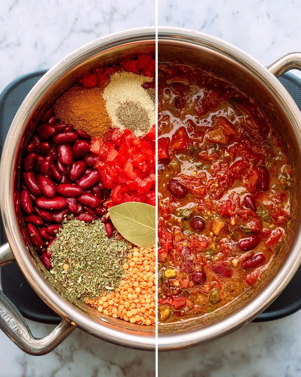 The image shows two side-by-side views inside a stainless steel pot. On the left side, before cooking, there are several layers clearly visible: bright red kidney beans on the left, chopped red tomatoes on the right, orange lentils at the bottom front, and a bay leaf placed on top of green dried herbs near the center. There are also piles of finely ground spices in light tan, brown, and reddish shades creating small mounds on top of a light brown liquid base. On the right side, after cooking, the ingredients are mixed together into a thick reddish-brown stew with visible beans, tomato chunks, and small pieces of green herbs spread evenly throughout the sauce. The pot is on a black base, placed on a white marbled surface. photo taken with an iphone --ar 4:5 --v 7