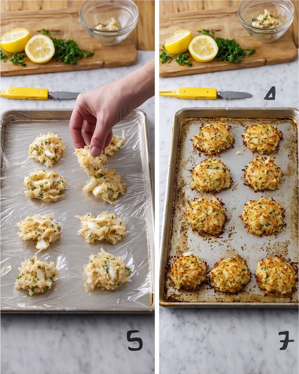 The image shows two side-by-side photos of a cooking process on a white marbled surface. On the left, a woman's hand is placing round clumps of a light beige crab mixture with visible white crab pieces onto a metal baking sheet covered partly with clear plastic wrap. The baking sheet holds eight unevenly shaped mounds arranged in rows. In the background, there is a wooden cutting board with a yellow lemon wedge, a small glass bowl, a yellow-handled kitchen tool, and a sprig of green parsley next to a large clear mixing bowl with remnants of the mixture. On the right, the same baking sheet now shows eight golden-brown crab cakes that have been cooked, their rough texture crisp and slightly browned with visible white crab pieces, arranged in two rows. photo taken with an iphone --ar 4:5 --v 7