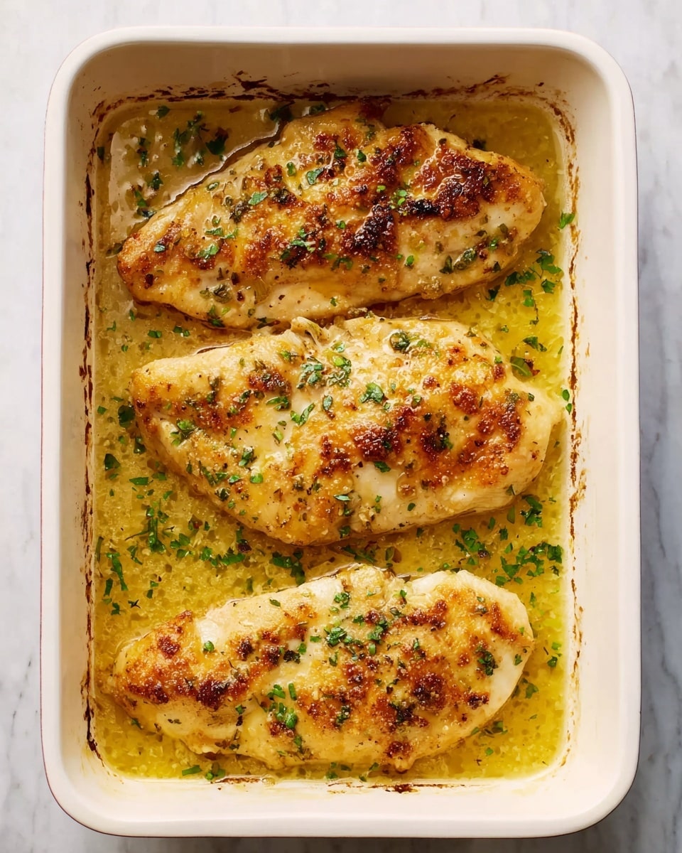 The image shows a white rectangular baking dish filled with four golden brown cooked chicken pieces laid flat side by side. Each piece is slightly crispy with browned spots and sprinkled with small green herb bits on top. The dish is filled with a light yellow sauce that has a smooth texture and some oil bubbles visible around the edges. The background is a white marbled surface. photo taken with an iphone --ar 4:5 --v 7