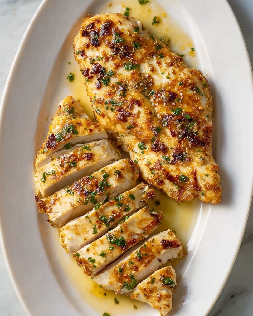 Two golden brown cooked chicken fillets placed on a white oval plate, with the lower fillet sliced into thick strips and the upper one whole. Both fillets have a slightly crispy surface with small brown char spots and scattered green herb bits on top. The plate sits on a white marbled surface. Light oil or sauce pools around the fillets, adding shine. photo taken with an iphone --ar 4:5 --v 7