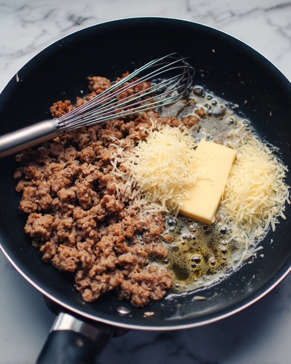 A black frying pan on a white marbled surface holds cooked minced meat with a browned texture resting mostly on the side, a small mound of grated cheese near the top right, and a rectangular block of melting butter surrounded by bubbling oil in the lower center. A silver whisk rests on top of the cooked meat towards the left. photo taken with an iphone --ar 4:5 --v 7
