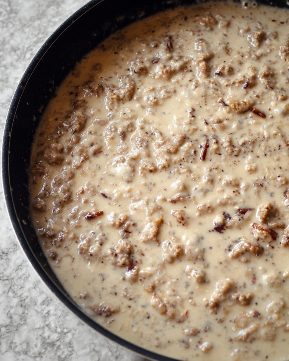 A close-up view of creamy sausage gravy cooking in a black pan, showing a thick texture with small brown cooked sausage pieces scattered throughout the light beige gravy, which has a smooth and slightly chunky look. The background is a white marbled texture. photo taken with an iphone --ar 4:5 --v 7