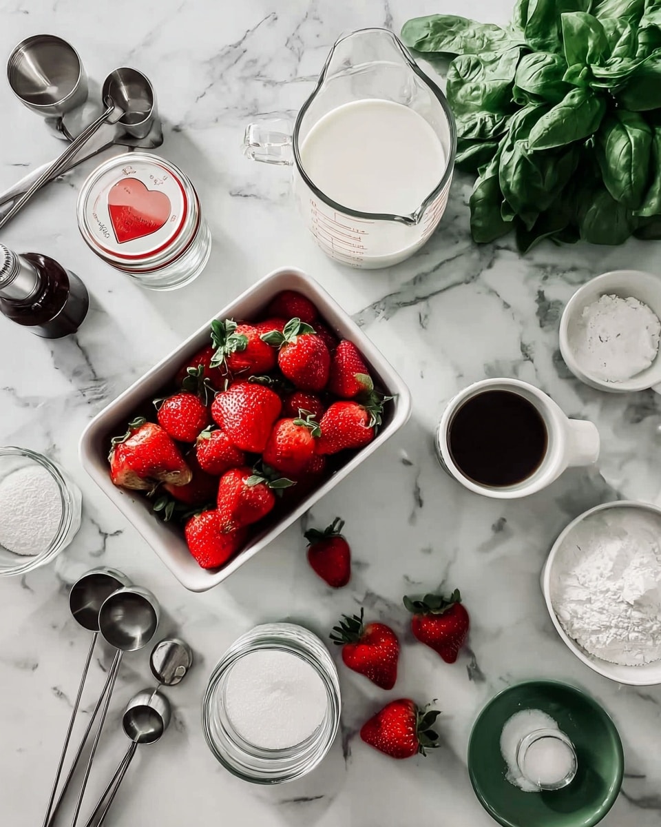 The image shows a white marbled surface with various baking ingredients neatly arranged. At the center, there is a white rectangular container filled with bright red strawberries, with some strawberries spread around it on the surface. To the right, a clear glass measuring cup holds milk, and beside it is a small white cup filled with dark coffee or a similar liquid. On the top right, there is a bunch of fresh green leaves, likely basil or spinach. On the left side, there are different utensils including metal measuring spoons and small glass jars with white contents, one with a red heart on the lid and another with a white powdery ingredient. A small dark bottle and a green bowl containing white granulated sugar are also visible. The whole setup is well-organized and clean, ready for preparing a recipe. photo taken with an iphone --ar 4:5 --v 7
