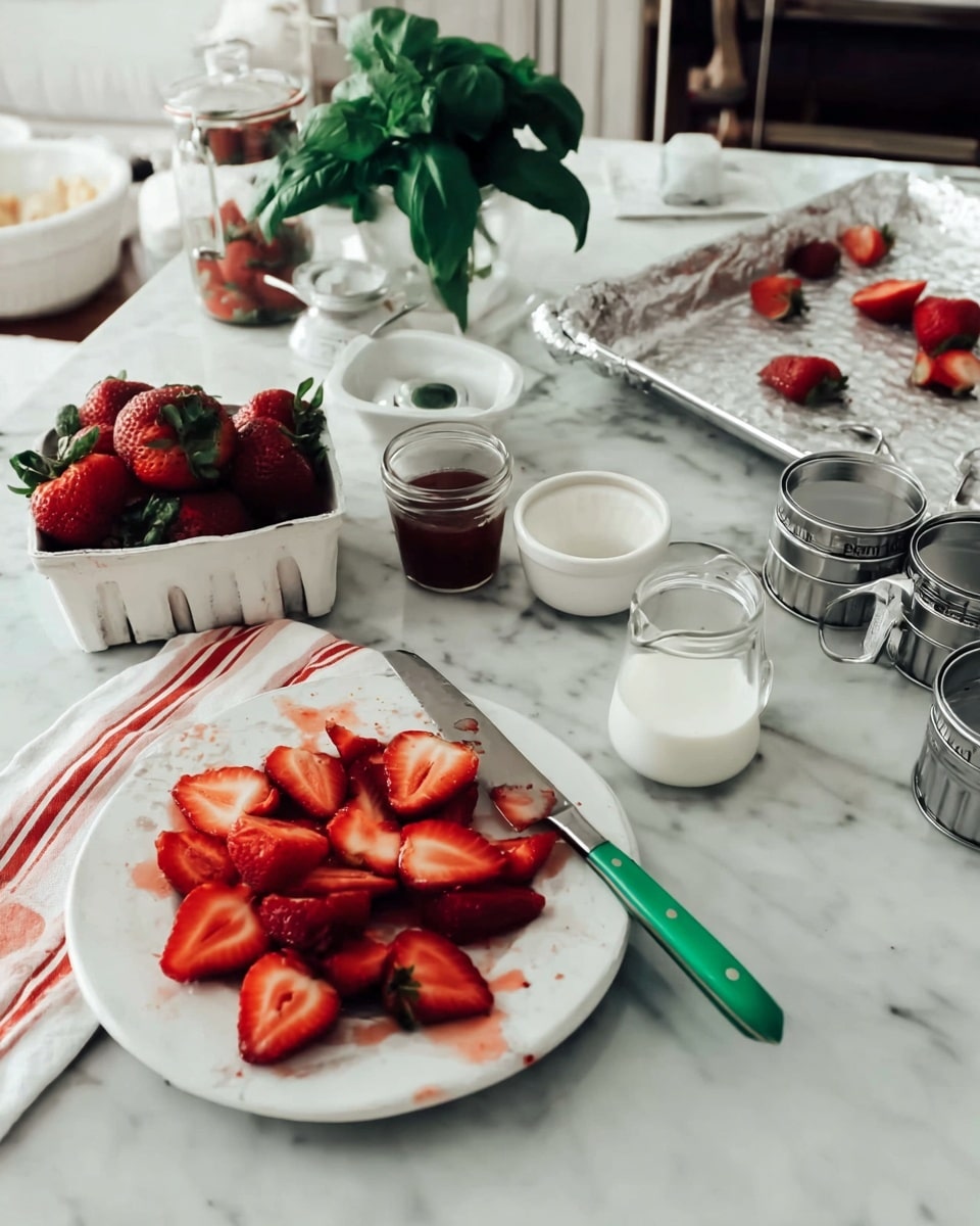 The image shows a white plate on a white marbled surface with several sliced strawberries arranged on it. A green-handled knife rests on the edge of the plate with some strawberry juice nearby. Behind the plate is a glass measuring cup filled with milk, a small white bowl with a dark liquid, and a bunch of fresh green basil leaves in a small glass jar. To the left, there is a white container partially filled with whole strawberries sitting on a white cloth with red stripes. Further back on the surface, an aluminum tray covered with foil holds more cut strawberries. Various jars, tins, and a stack of metal rings are scattered around the workspace, all set against a white marbled background. photo taken with an iphone --ar 4:5 --v 7