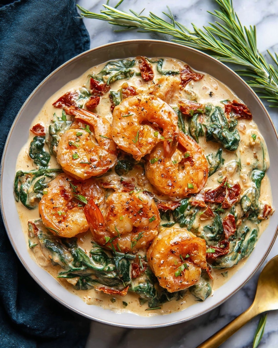 A round white plate holds a creamy dish with large orange shrimp on top, showing a slightly crispy texture with small bits of seasoning. Underneath and mixed with the shrimp are green spinach leaves and dusky red sun-dried tomato pieces, all covered in a light beige creamy sauce with specks of herbs and spices. The white marbled surface around the plate adds a clean look, while a gold spoon and sprigs of green rosemary sit nearby. photo taken with an iphone --ar 4:5 --v 7