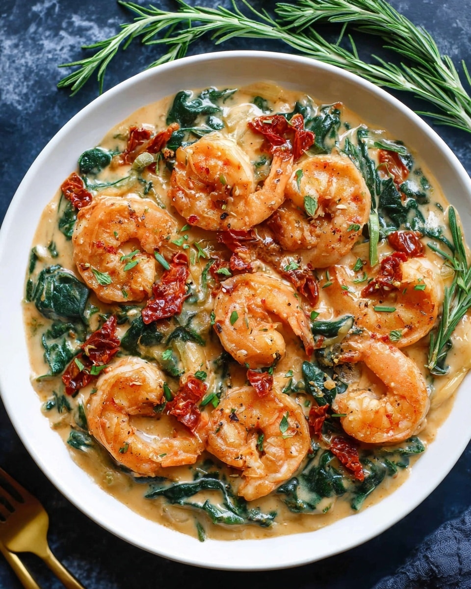 A white plate filled with a creamy sauce base that has rich light beige color and a smooth texture, layered with bright orange cooked shrimp arranged on top, each shrimp curved and glistening with hints of seasoning. Scattered throughout the sauce are deep green spinach leaves and small pieces of sun-dried red tomatoes adding color contrast. The plate is placed on a white marbled surface with sprigs of fresh green rosemary decorating around, and there is a gold spoon partially visible nearby. photo taken with an iphone --ar 4:5 --v 7