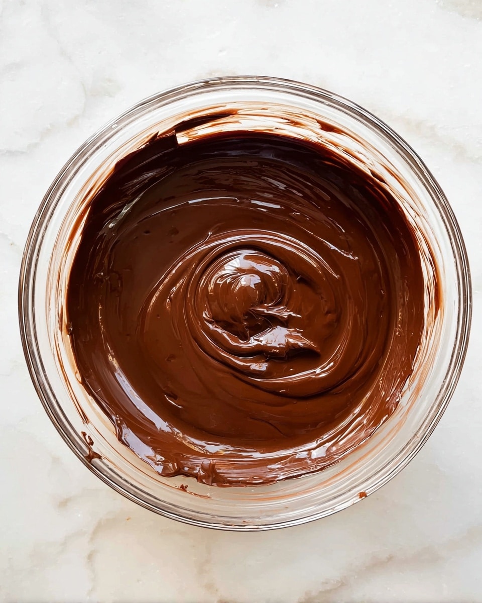 A clear glass bowl filled with one thick layer of smooth, shiny dark brown melted chocolate. The chocolate is evenly spread with visible swirls and a small peak in the center, showing a creamy texture. The bowl sits on a white marbled surface with some chocolate smudges near the rim. photo taken with an iphone --ar 4:5 --v 7